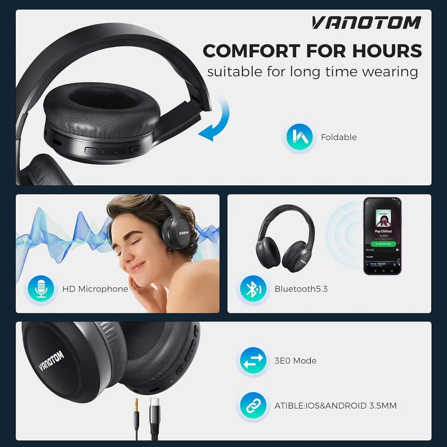 VANOTOM Wireless Bluetooth Headphones - Foldable Over-Ear Headset for Gaming, Music & Calls - Perfect Gift for Halloween & Christmas - Ideal for Outdoor Fun & Summer Vibes