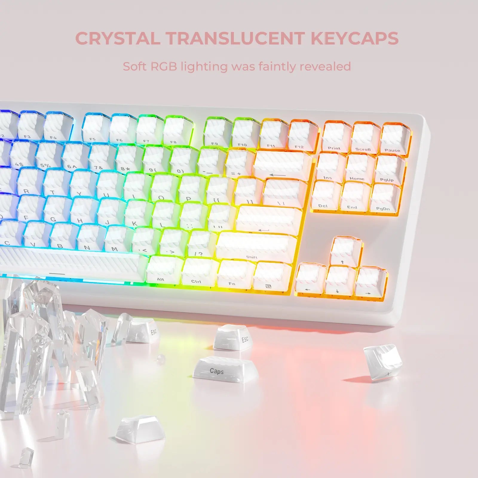 XVX Magic Wave 136-Key Crystal Ice-Cube Keycap Set - Stylish White/Pink/Blue Transparent Side-Print for Gaming and Aesthetic Girl Setups (Keyboard Not Included)