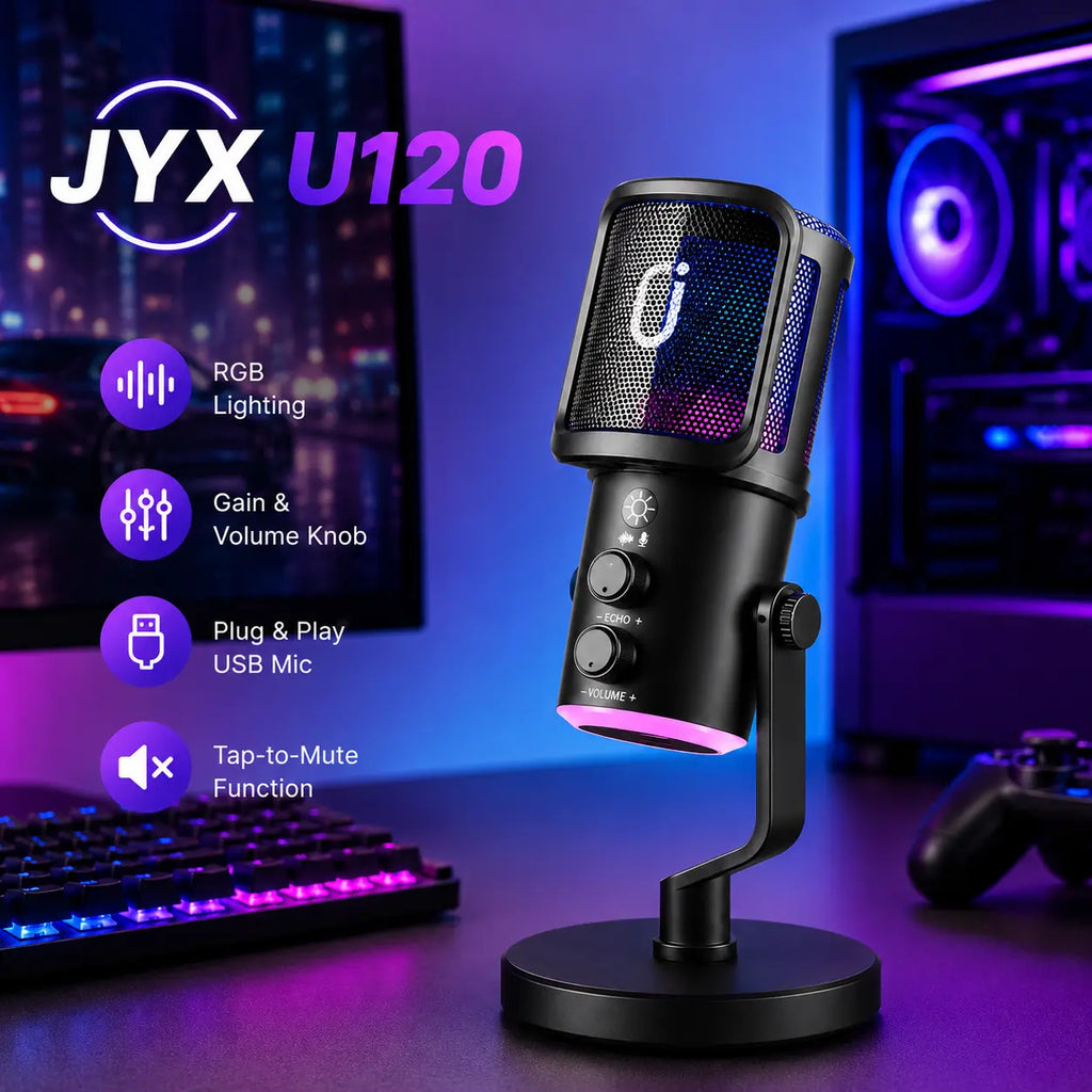JYX U120 RGB Streaming Gaming Microphone - One-Tap Mute, Headphone Jack, Perfect for PC, Mac, PS5 & PS4 - Ideal for Streaming, Podcasting & Outdoor Fun - Durable & Compact Design - Perfect Father's Day Gift!