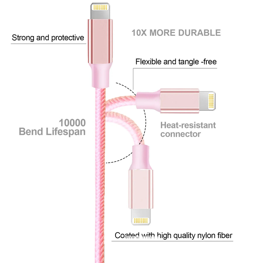 Cugunu Pink Braided USB Lightning Cable 5 Pack for Iphone 14/13/12/11/X/Max/8/7/6/5/Se/Plus - Mfi Certified, Durable, Waterproof