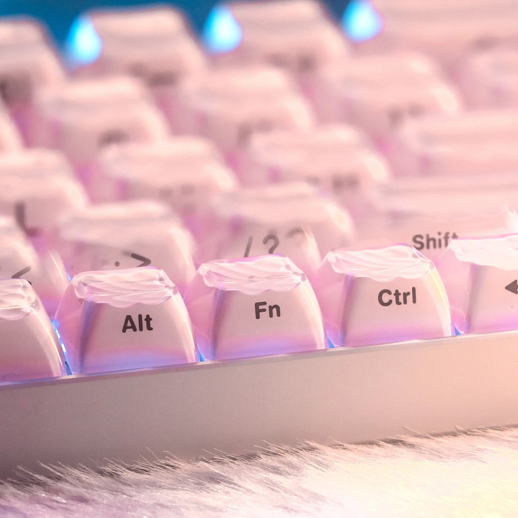 XVX Magic Wave 136-Key Crystal Ice-Cube Keycap Set - Stylish White/Pink/Blue Transparent Side-Print for Gaming and Aesthetic Girl Setups (Keyboard Not Included)
