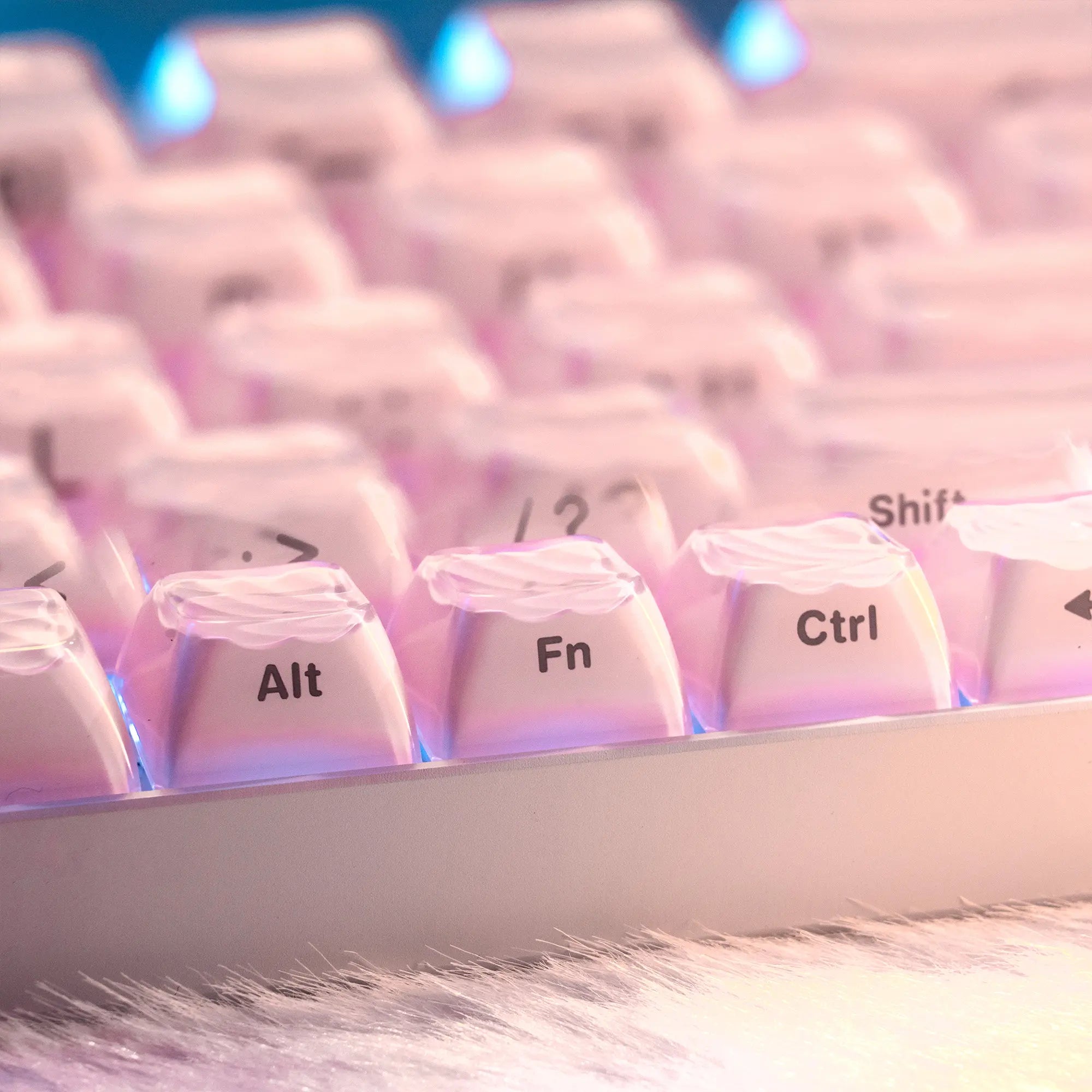 XVX Magic Wave 136-Key Crystal Ice-Cube Keycap Set - Stylish White/Pink/Blue Transparent Side-Print for Gaming and Aesthetic Girl Setups (Keyboard Not Included)