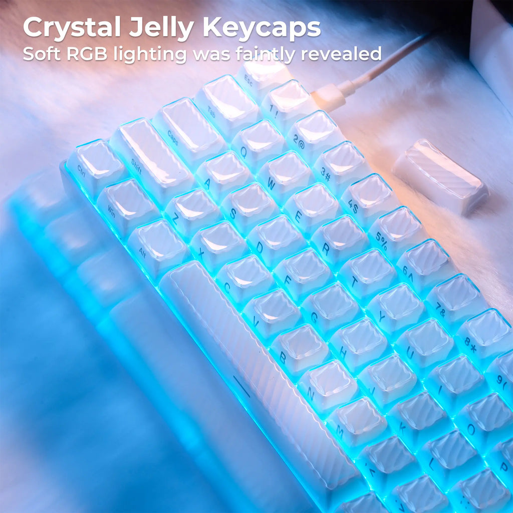 XVX Magic Wave 136-Key Crystal Ice-Cube Keycap Set - Stylish White/Pink/Blue Transparent Side-Print for Gaming and Aesthetic Girl Setups (Keyboard Not Included)