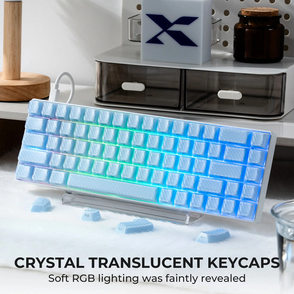 XVX Magic Wave 136-Key Crystal Ice-Cube Keycap Set - Stylish White/Pink/Blue Transparent Side-Print for Gaming and Aesthetic Girl Setups (Keyboard Not Included)