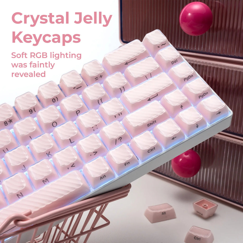 XVX Magic Wave 136-Key Crystal Ice-Cube Keycap Set - Stylish White/Pink/Blue Transparent Side-Print for Gaming and Aesthetic Girl Setups (Keyboard Not Included)