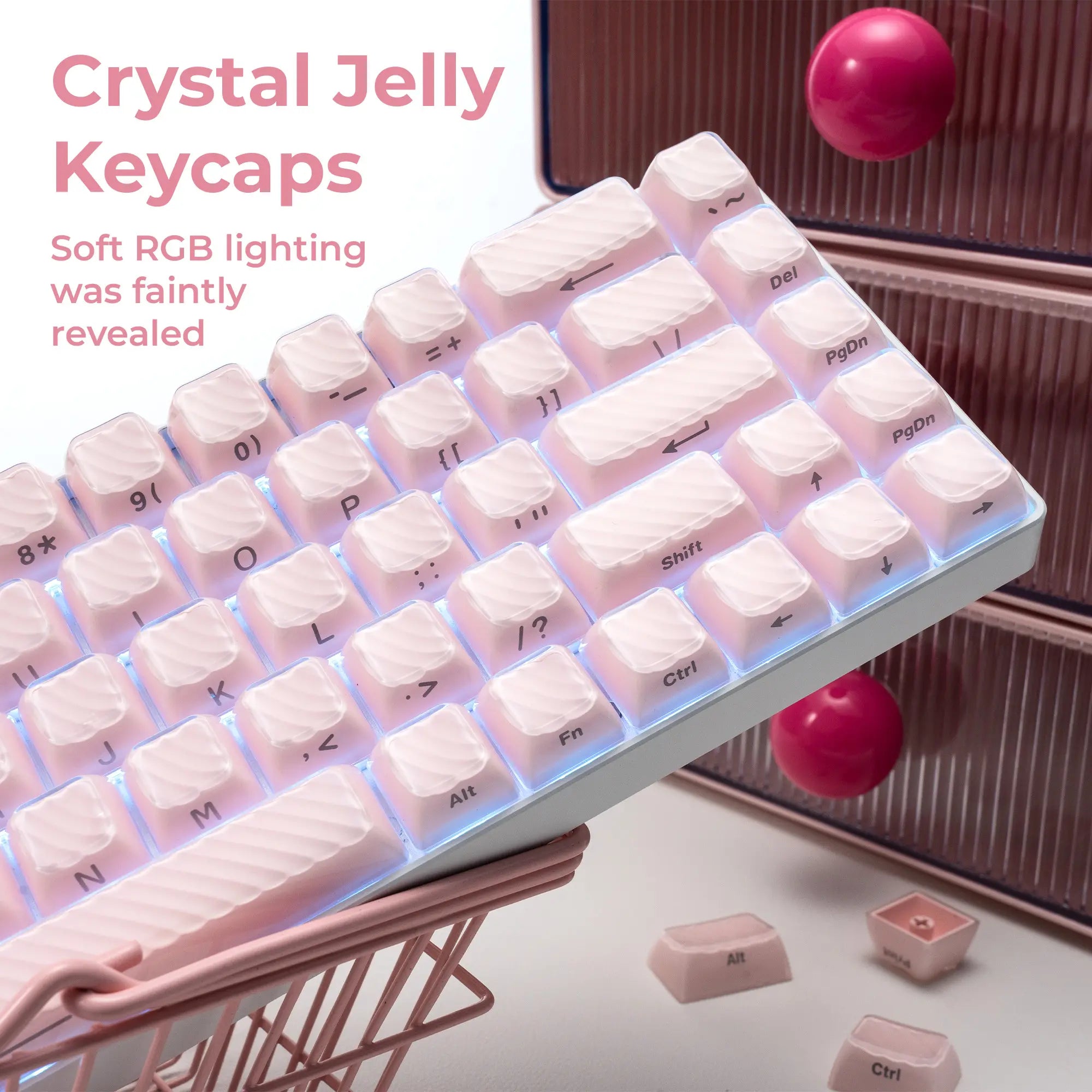 XVX Magic Wave 136-Key Crystal Ice-Cube Keycap Set - Stylish White/Pink/Blue Transparent Side-Print for Gaming and Aesthetic Girl Setups (Keyboard Not Included)