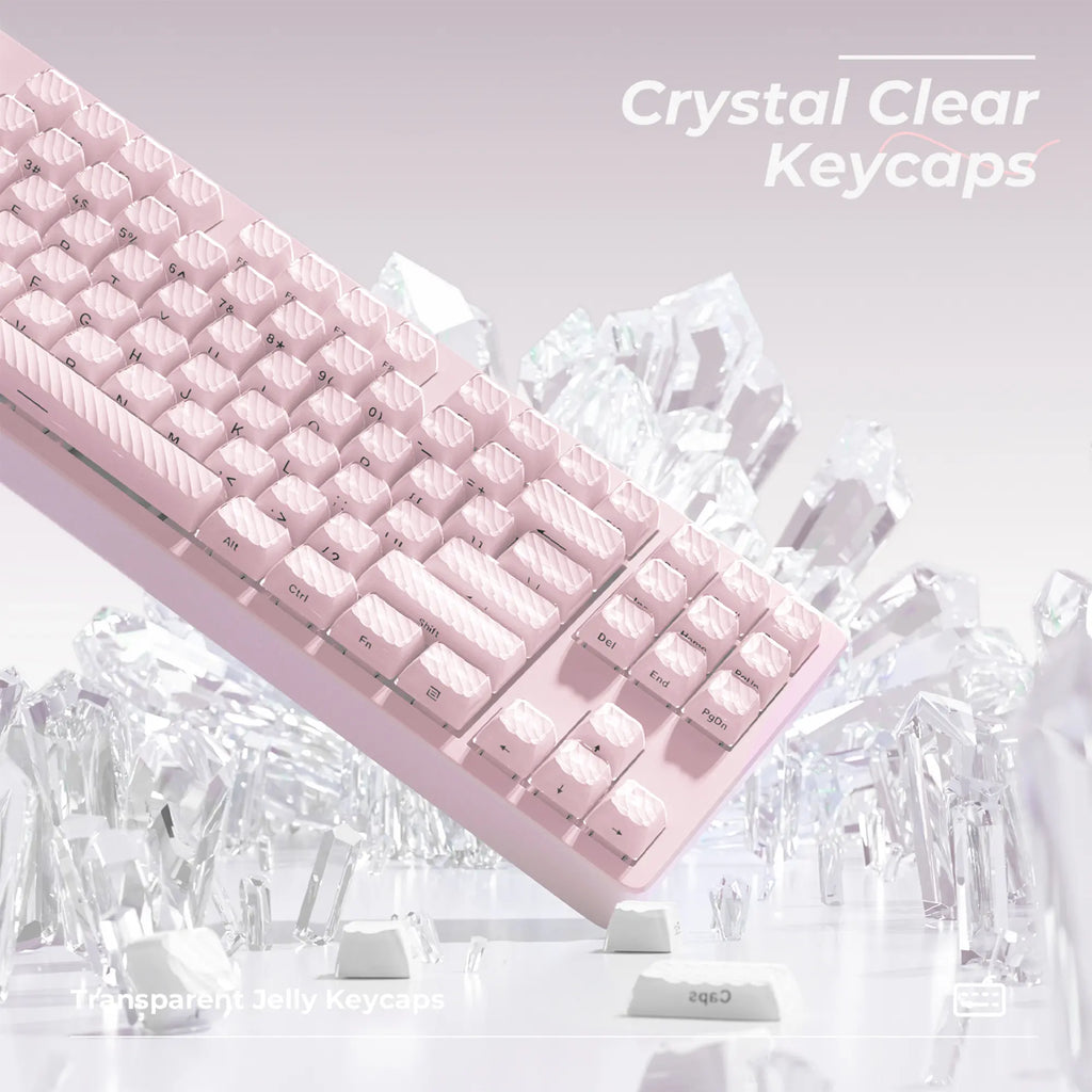 XVX Magic Wave 136-Key Crystal Ice-Cube Keycap Set - Stylish White/Pink/Blue Transparent Side-Print for Gaming and Aesthetic Girl Setups (Keyboard Not Included)
